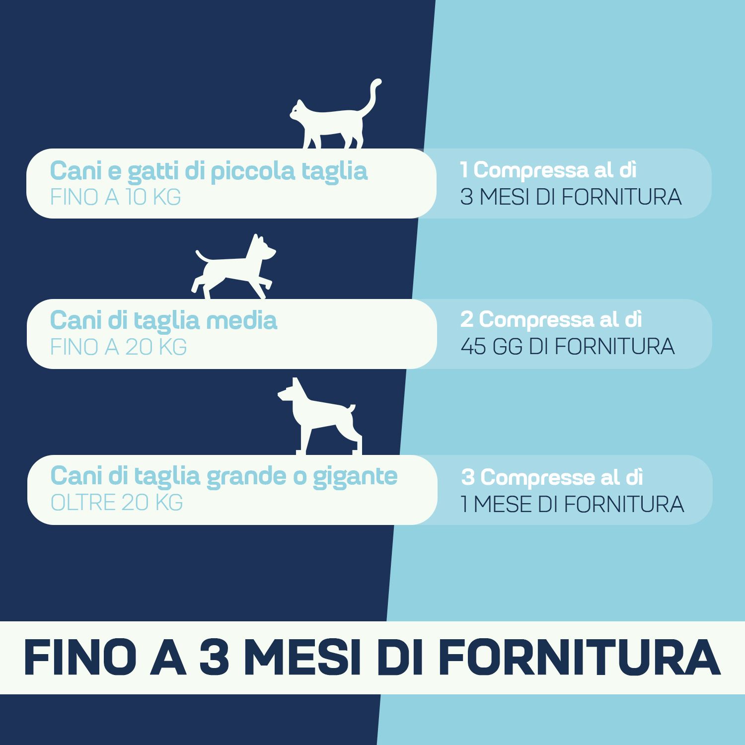 Infografica con raccomandazioni di dosaggio per cani e gatti per taglia. Fino a 3 mesi.