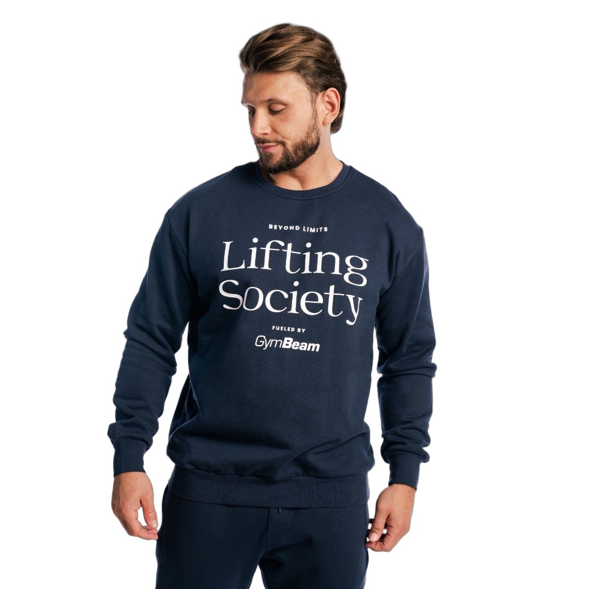 Felpa blu scuro da uomo con stampa "Lifting Society", vista frontale.