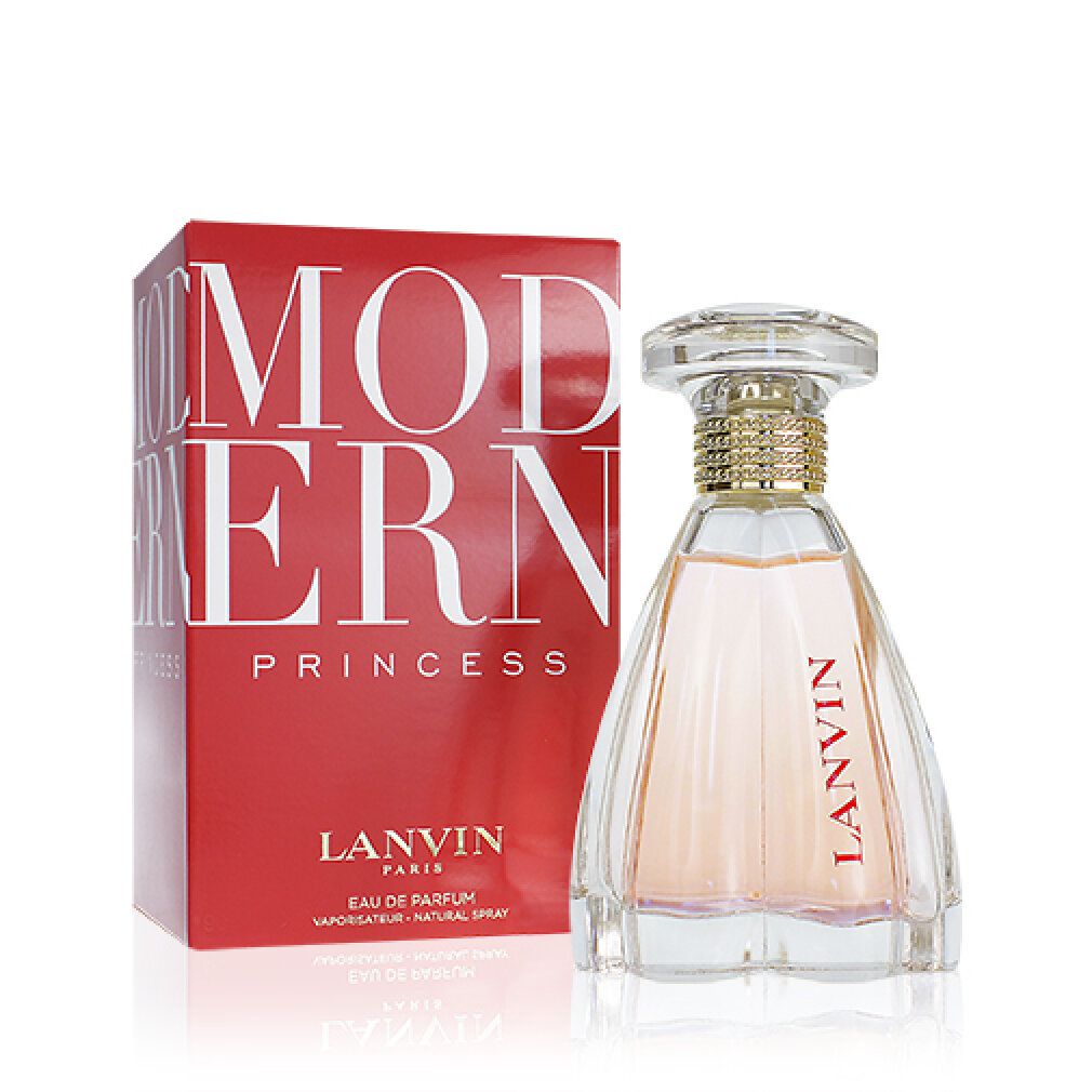 Flacone di profumo e scatola. Flacone con tappo trasparente e liquido rosa. Scatola rossa con scritta bianca: MODERN PRINCESS, LANVIN PARIS.