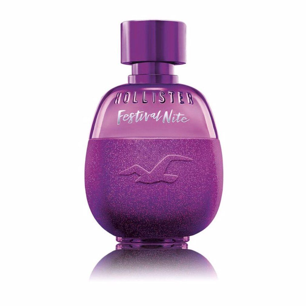 Flacone di profumo viola glitterato. Parte superiore trasparente, erogatore e tappo viola. Scritta 'Festival Nite'.