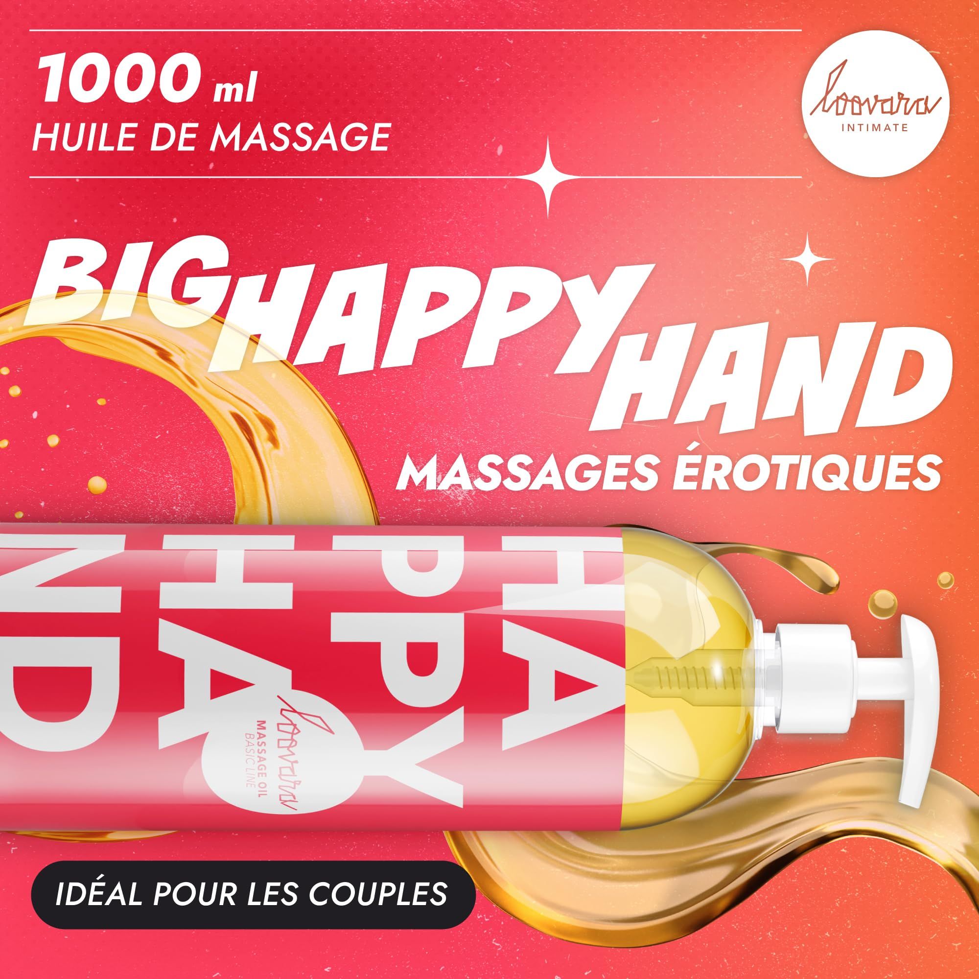 Immagine promozionale: Flacone di olio da massaggio Loovara Happy Hand, 1000ml, con testi 'BIG HAPPY HAND' e 'MASSAGES ÉROTIQUES'.