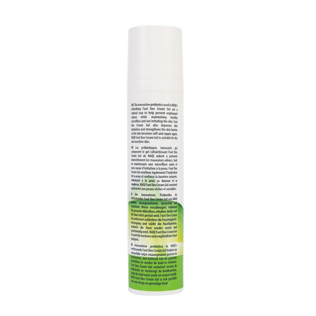 Tubo bianco con etichetta verde. Testo multilingue. Vista posteriore. NAQI Foot Deo Cream Gel.
