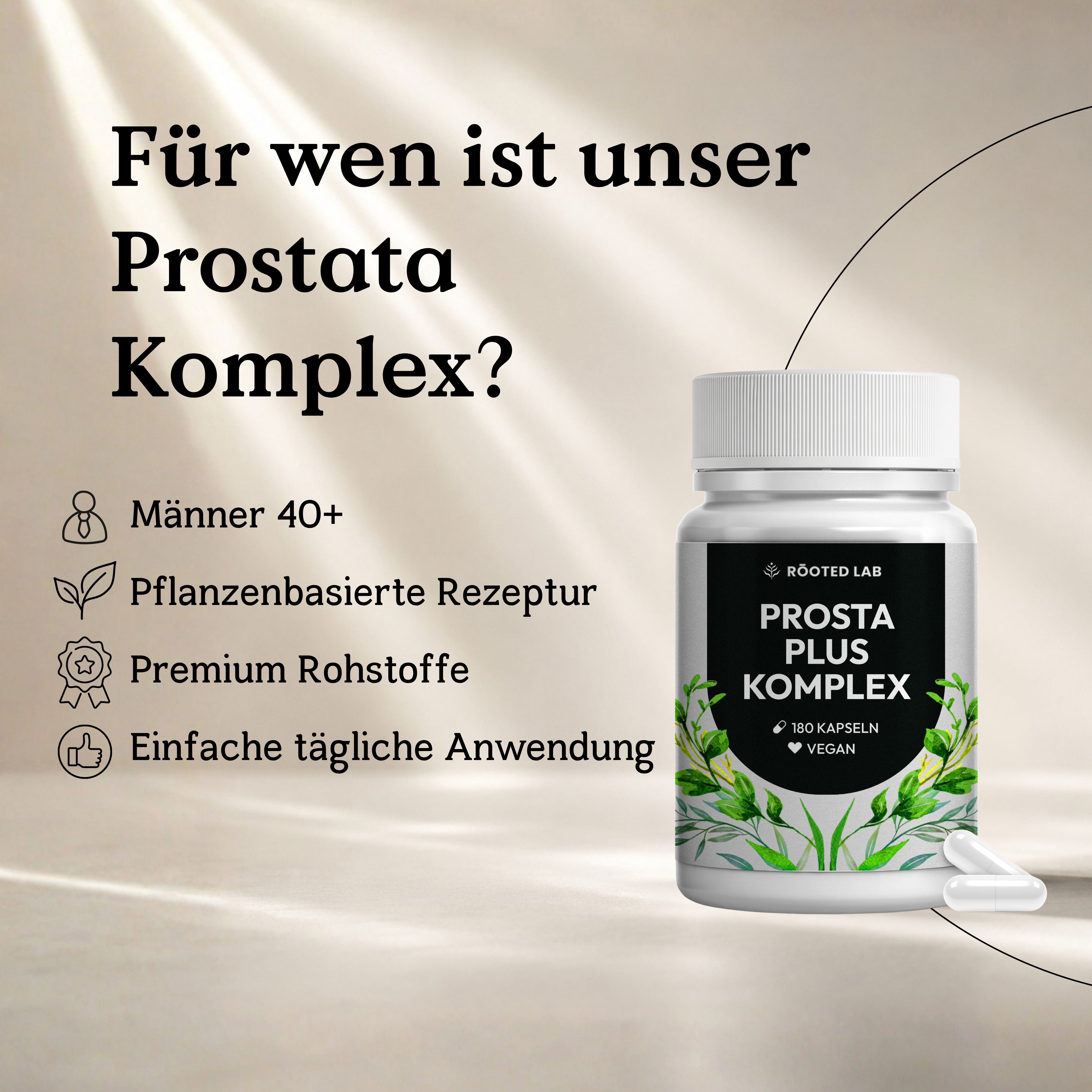 Flacone Prostata Plus Komplex con icone: Uomini 40+, vegetale, materie prime premium, facile applicazione.