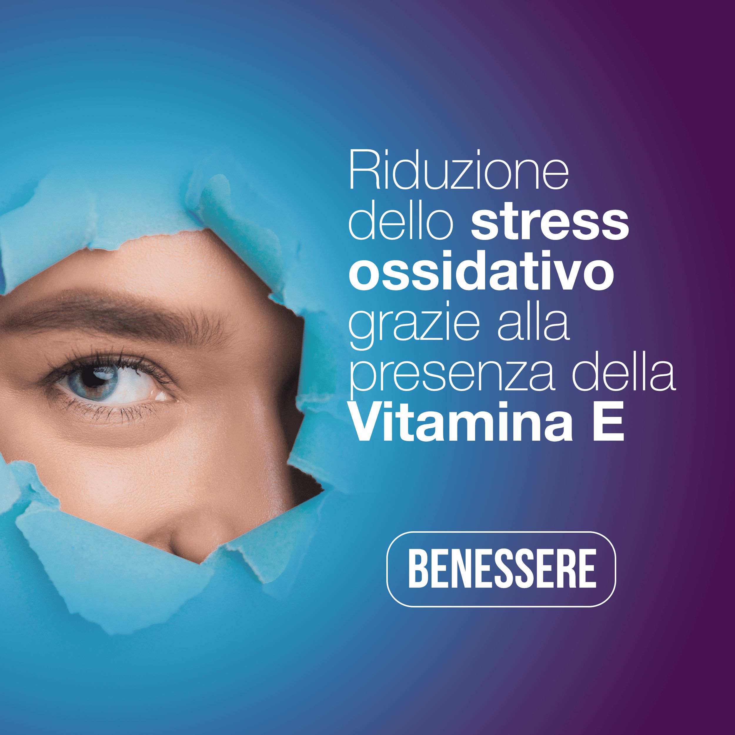 Testo su sfondo blu-viola: Riduzione dello stress ossidativo grazie alla presenza della Vitamina E. Benessere.