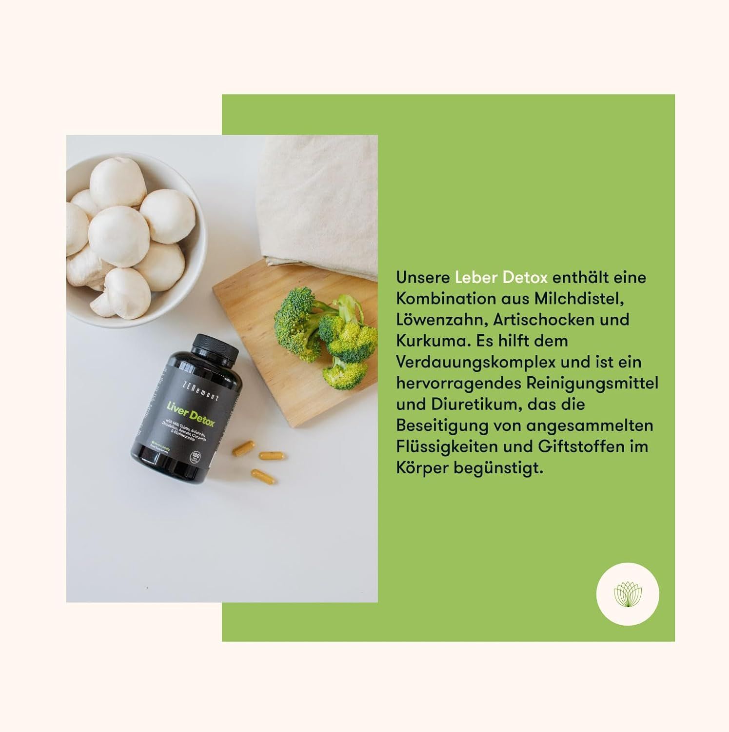 Flacone nero Zenement Liver Detox accanto a verdure. Blocco di testo che descrive gli ingredienti e gli effetti. Sfondo verde.