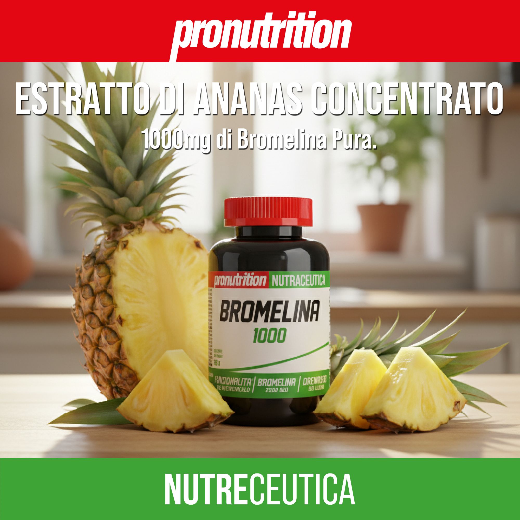 Flacone di Bromelina 1000, ananas e pezzi. Bottiglia nera, tappo rosso. Scritta: Pronutrition, Nutraceutica.