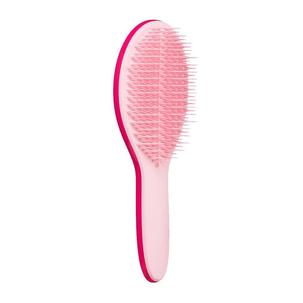 Spazzola per capelli rosa e fucsia. Testina ovale con setole. Manico rosa chiaro. Vista frontale.