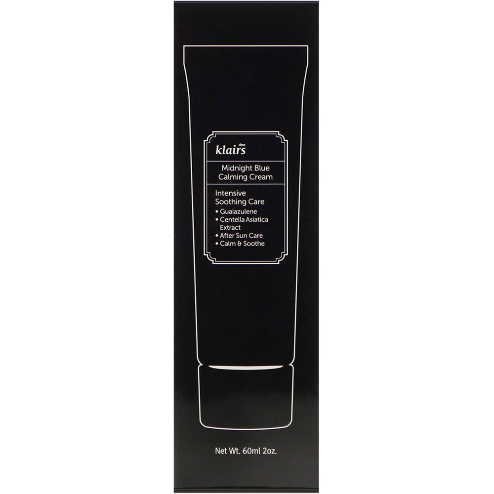 Confezione nera con disegno di un tubo. Testo: klairs, Midnight Blue Calming Cream. 60ml 2oz. Net Wt.