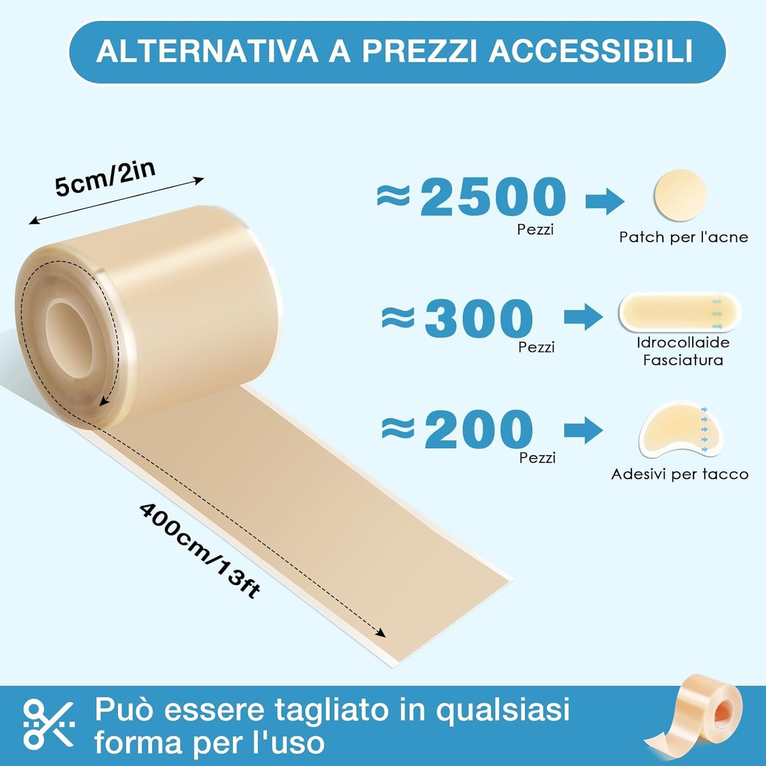 Rotolo di nastro adesivo color pelle, largo 5cm, lungo 400cm. Accanto: cerotti idrocolloidali per acne, fasce e adesivi per tallone.