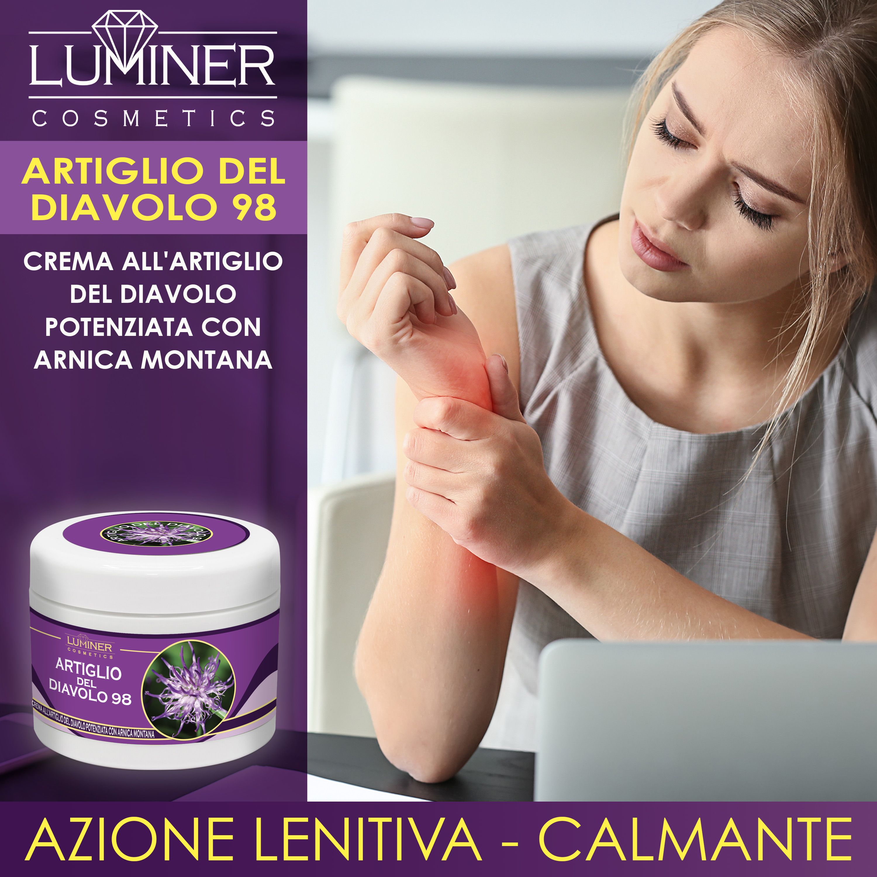 Donna con dolore all'avambraccio, accanto al vaso LUMINER Artiglio del Diavolo 98.