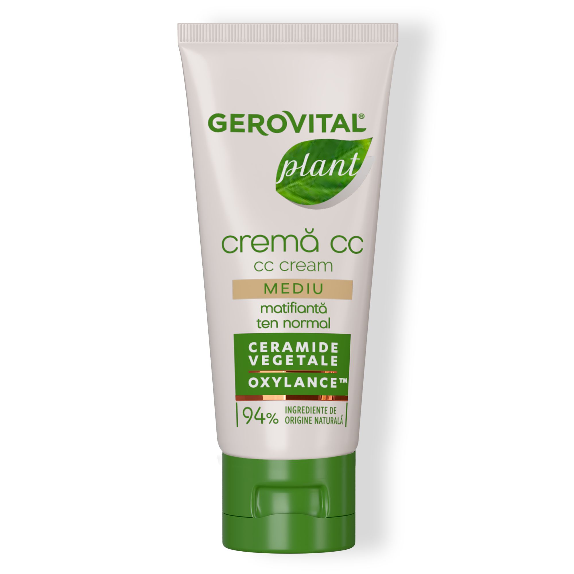 Tubo di crema CC con ceramidi vegetali, testo e logo. Colori verde e bianco.