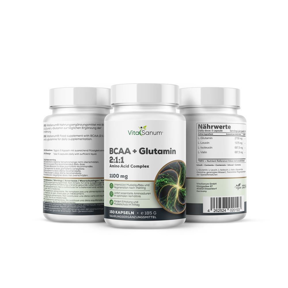 Tre flaconi di VitaSanum BCAA + Glutammina Capsule, 1100 mg per capsula, 150 capsule.