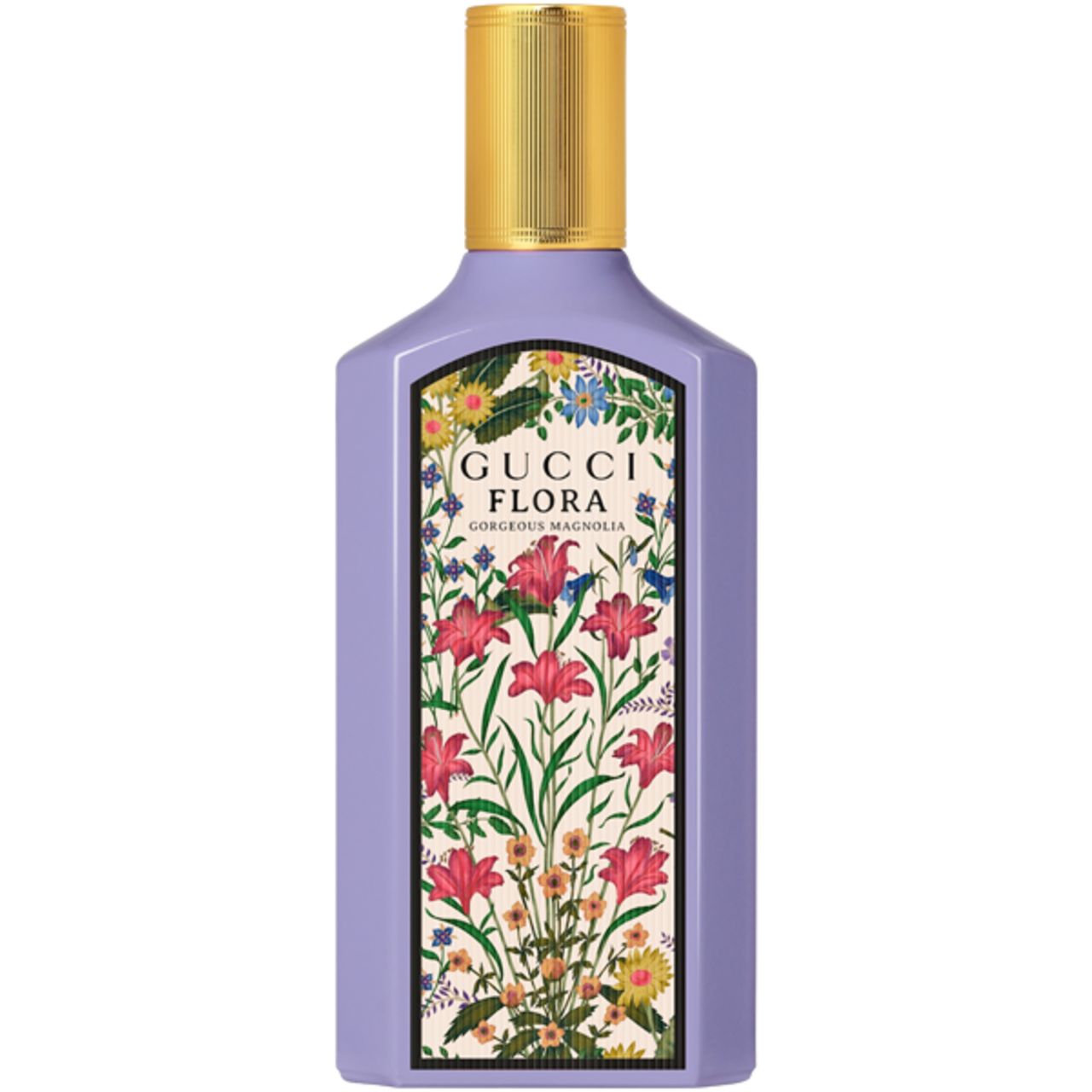 Flacone con etichetta floreale. Tappo dorato. Scritta: Gucci Flora Gorgeous Magnolia.