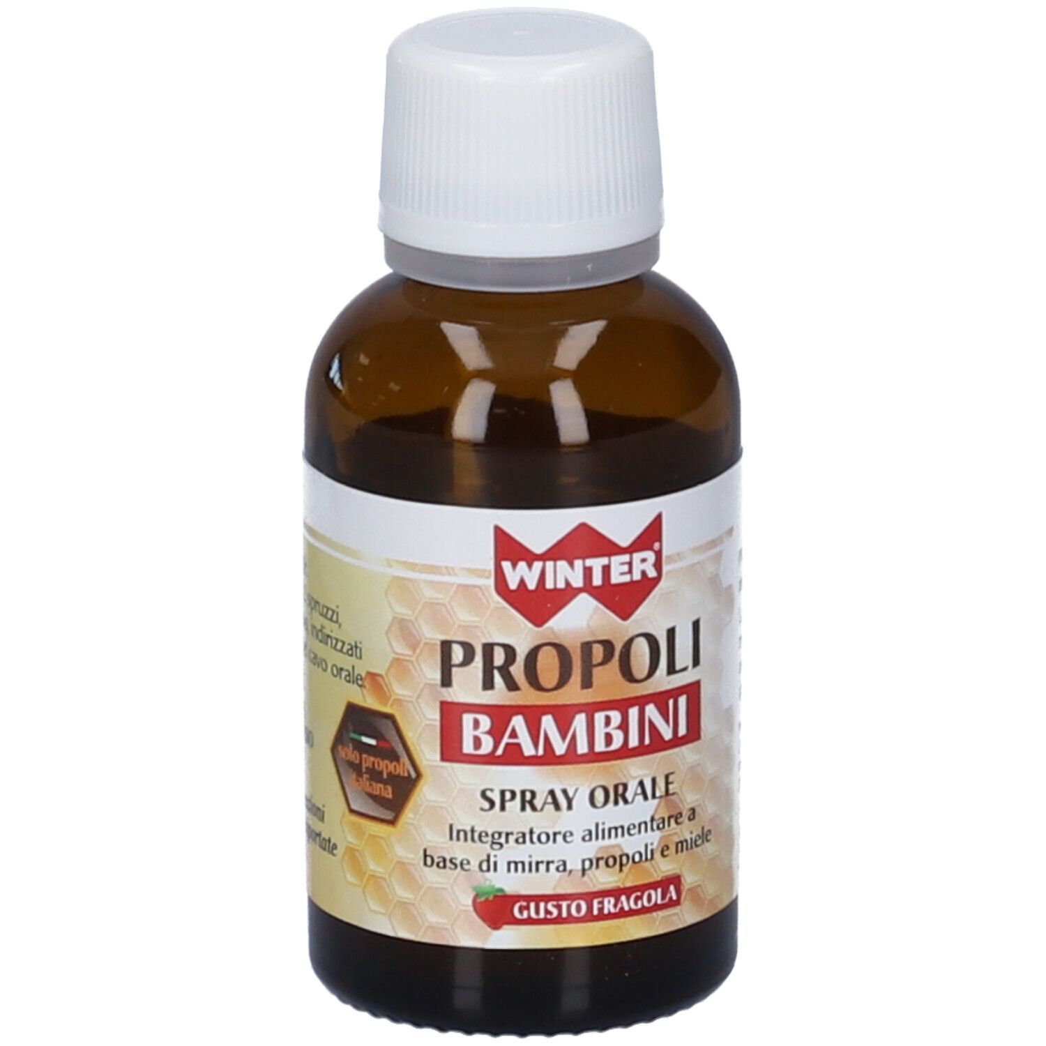 Flacone marrone con tappo bianco. Etichetta con testo. Nome del prodotto e gusto. Senza glutine, lattosio, alcool.