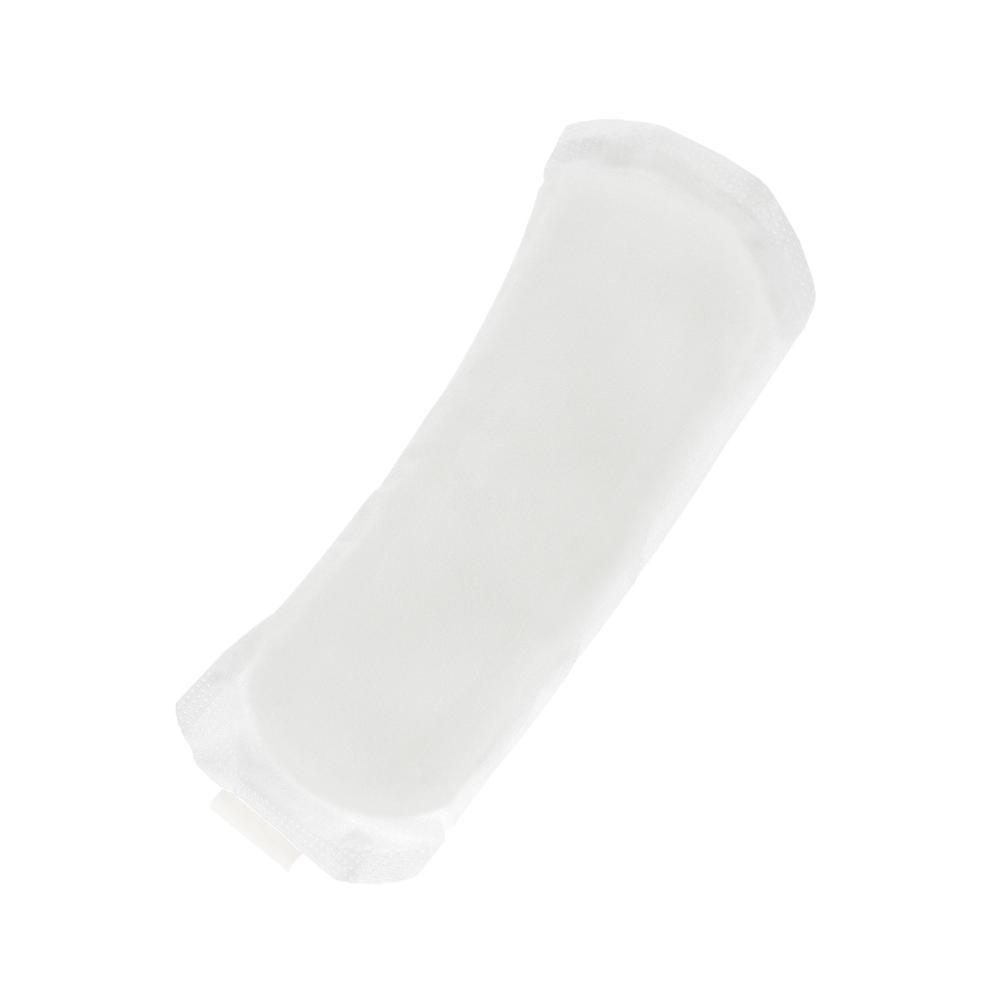 Assorbente per incontinenza bianco, oblungo, leggermente curvo. Confezionato singolarmente, pellicola trasparente.