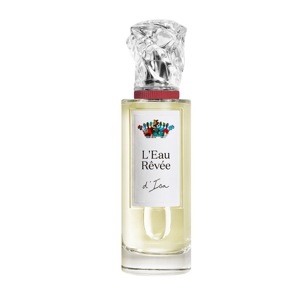 Flacone di Sisley Paris D'Isa Eau de Toilette. Flacone in vetro con tappo trasparente. Testo: L'Eau Rêvée d'Isa.