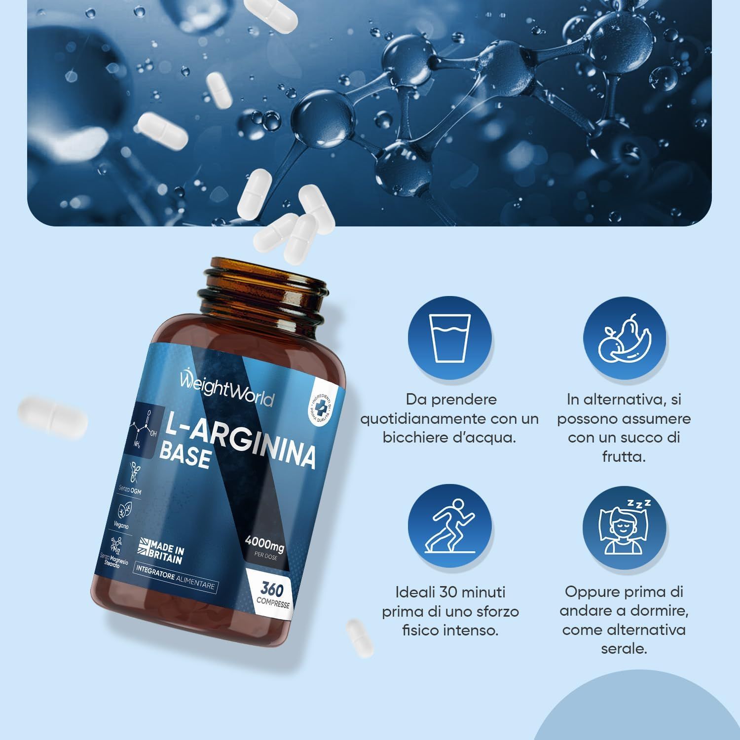 Flacone marrone di compresse con L-Arginina Base. Contiene 360 compresse. Testo: 4000mg. Simboli: acqua, succo di frutta, sport, sonno. Prodotto nel Regno Unito.