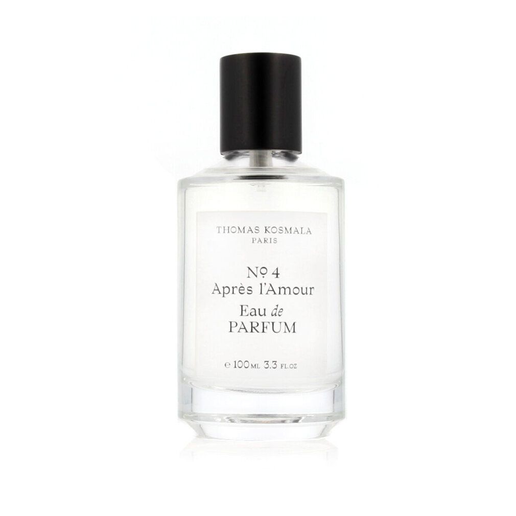 Flacone di profumo con tappo nero ed etichetta bianca. Testo: Thomas Kosmala, Nr. 4, Après l'Amour, Eau de Parfum. Flacone in vetro.