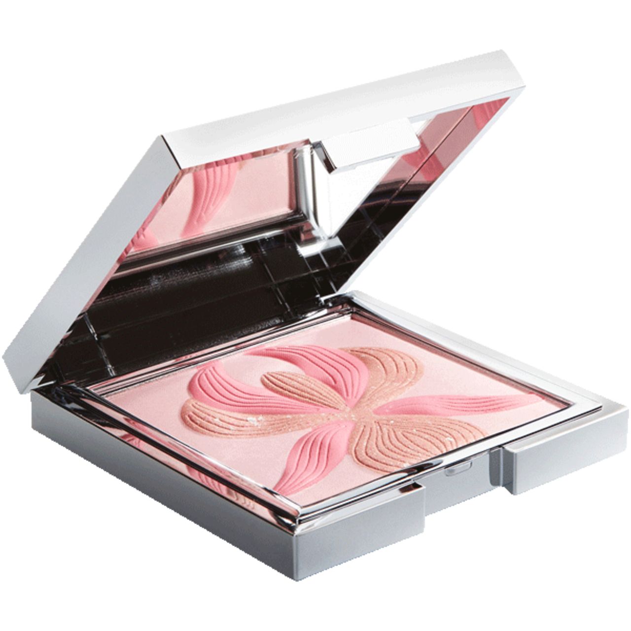 Palette blush aperta. Custodia quadrata argentata. Specchio. Polvere con motivo floreale nei toni del rosa e beige.