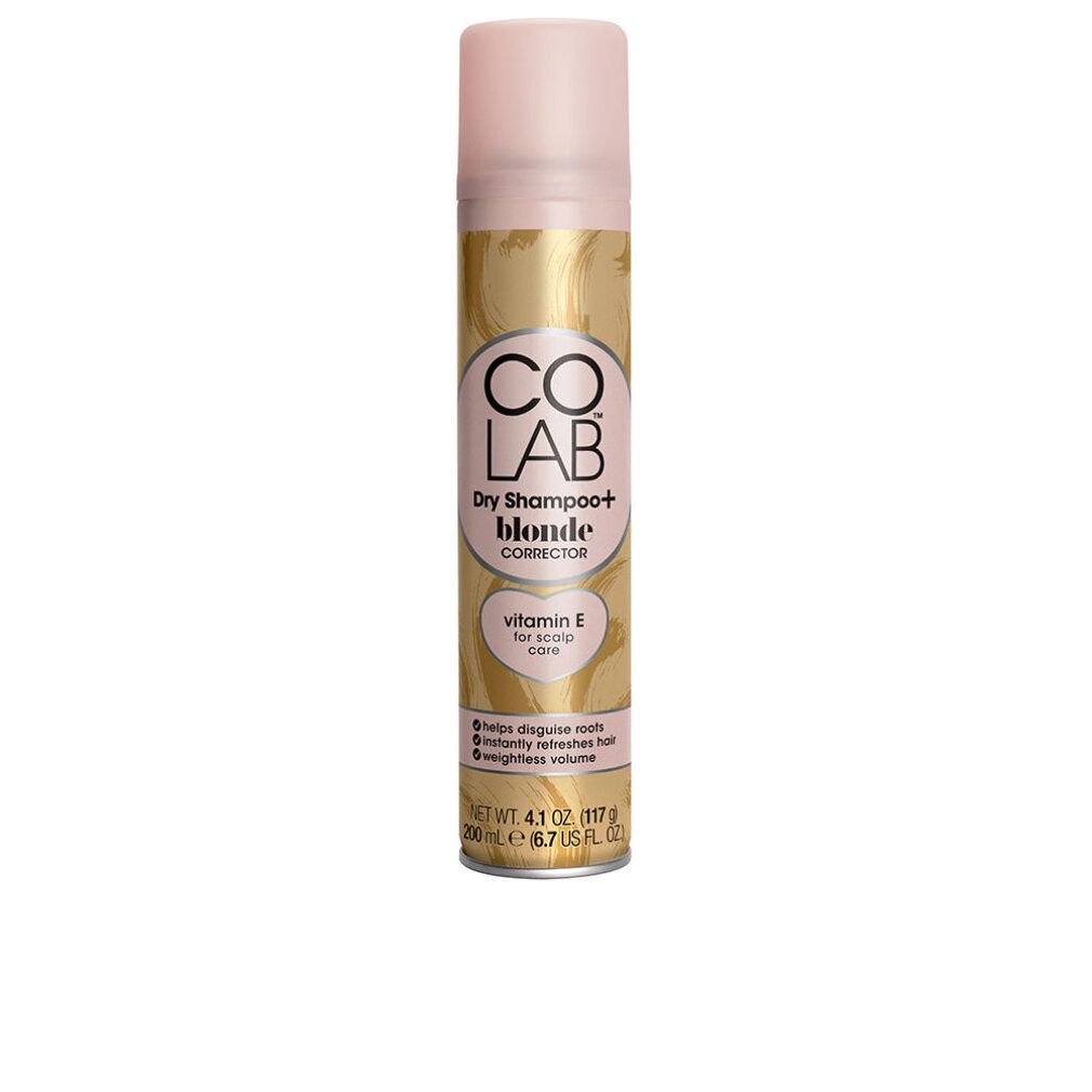 Flacone spray di shampoo secco. Sfondo dorato. Tappo e testo rosa. Contiene vitamina E. Peso netto 4,1 oz (117 g).