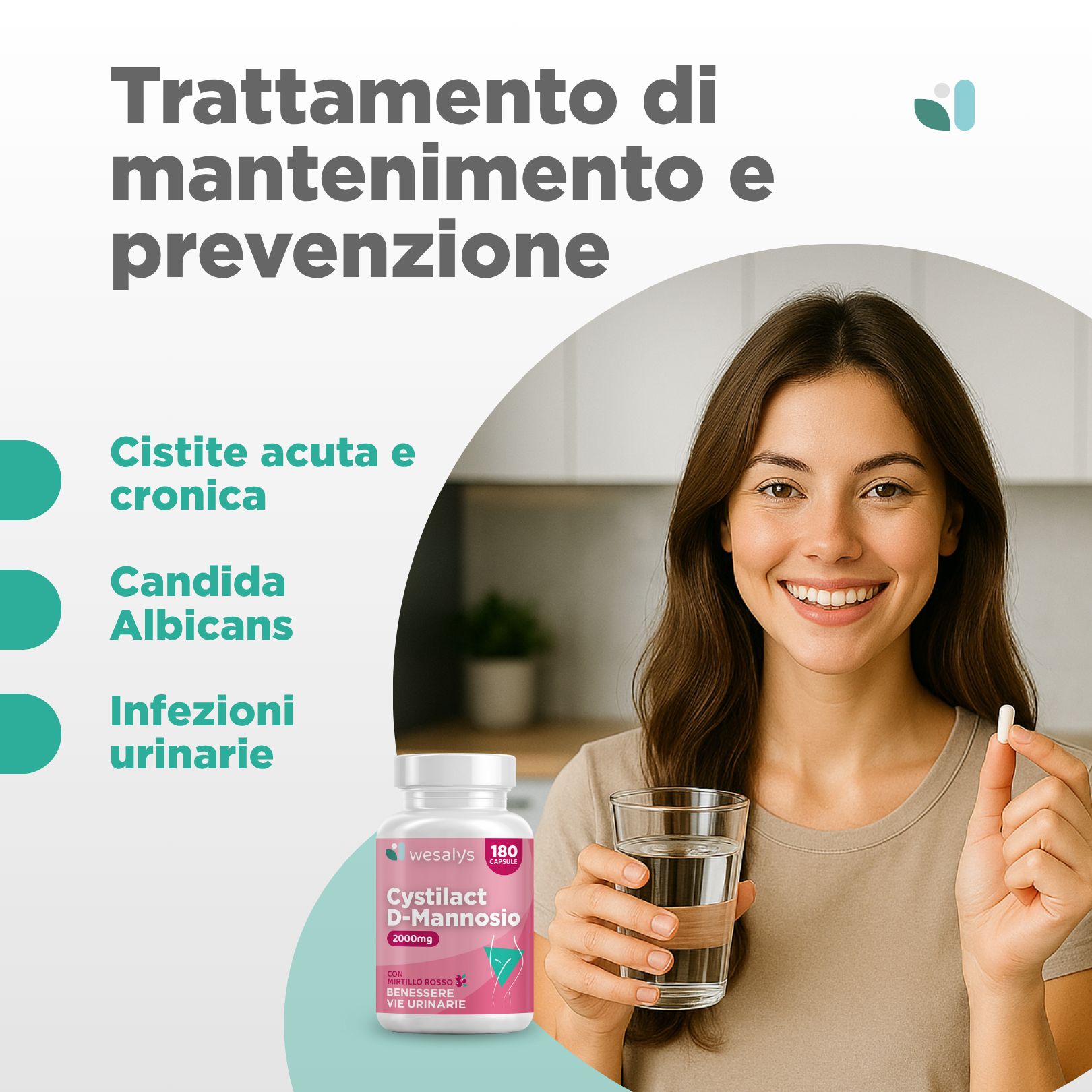 Donna tiene capsula, accanto al flacone. Testo: Trattamento cistite acuta e cronica.