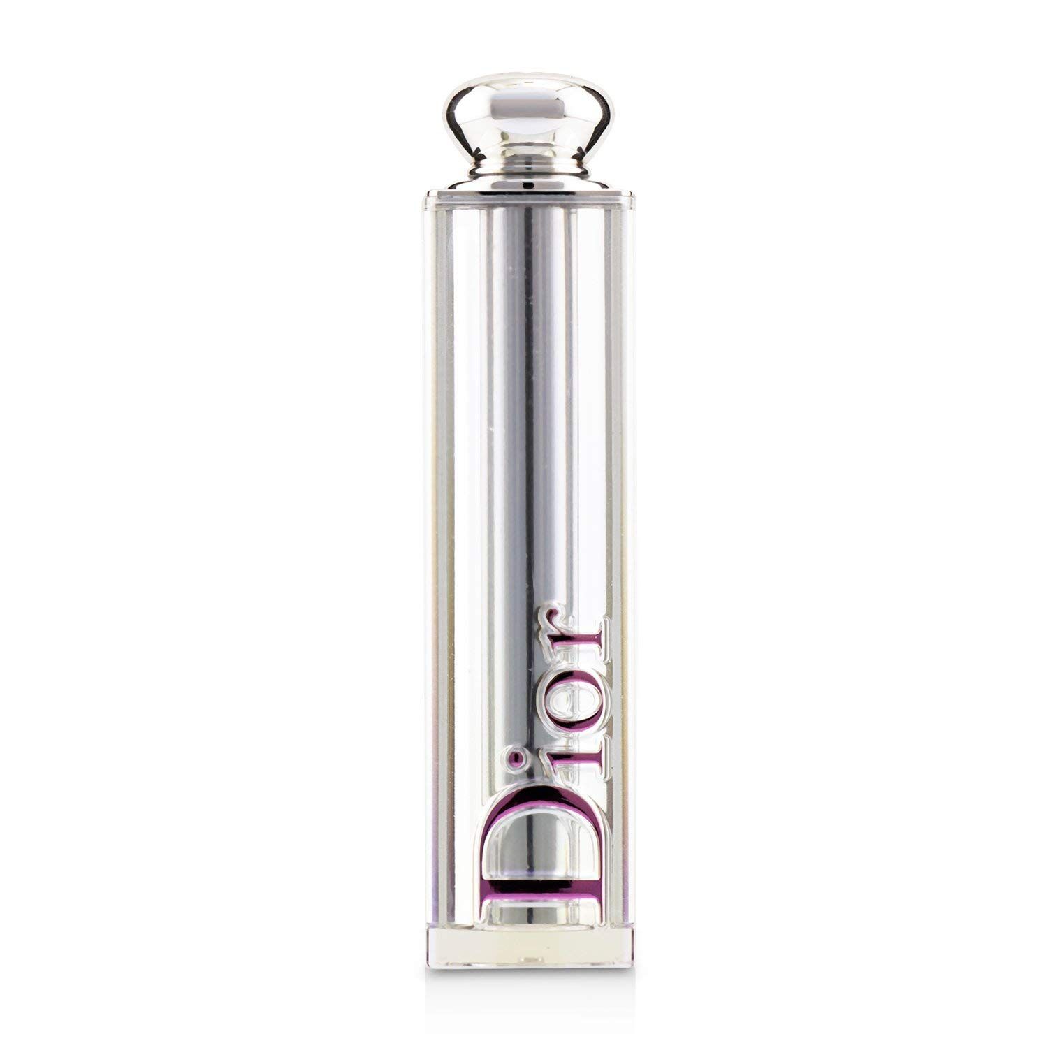 Rossetto Dior chiuso. Astuccio argentato con logo Dior. Parte superiore trasparente.
