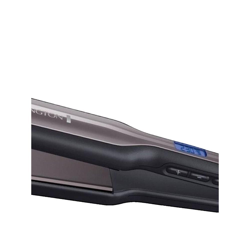 Dettaglio del HAARGLÄTTER PRO CERAMIC ULTRA. Corpo nero, piastre grigie. Display digitale con temperatura.