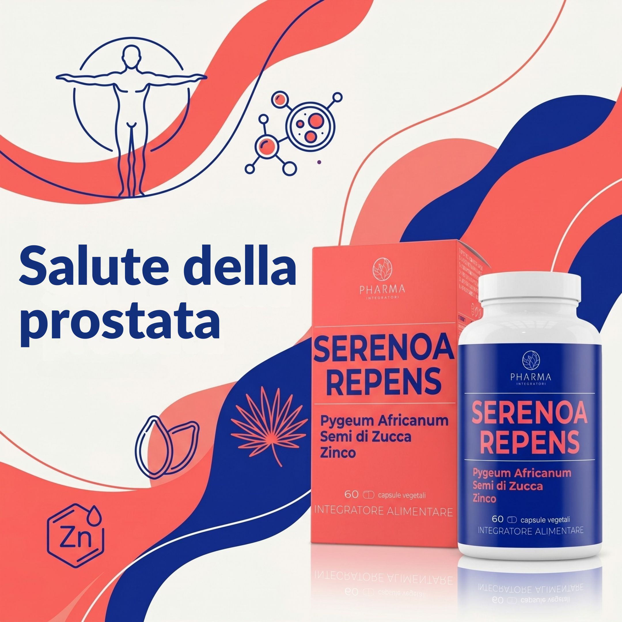 Flacone e confezione Serenoa Repens con grafica sulla salute della prostata.