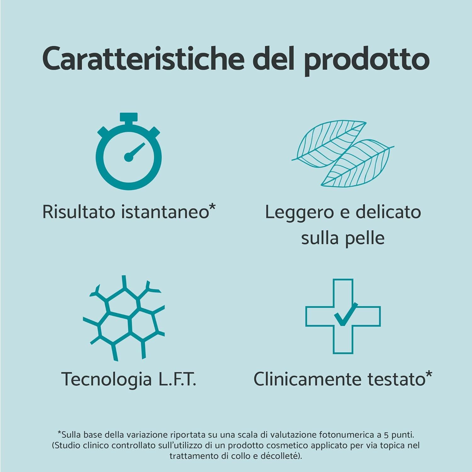 Caratteristiche del prodotto: Risultato istantaneo, leggero e delicato sulla pelle, tecnologia L.F.T., clinicamente testato.