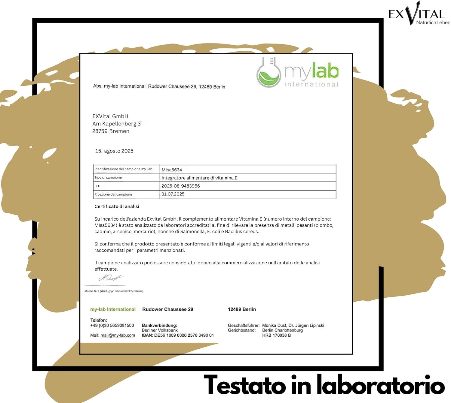 Rapporto di laboratorio mylab international per EXVital Vitamina E. Conferma la conformità del prodotto.