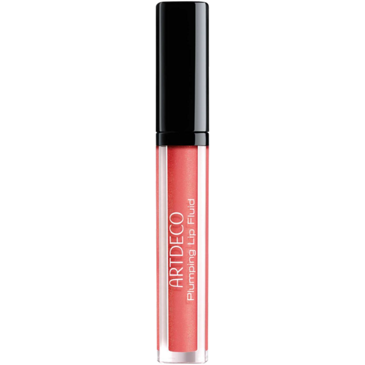 Artdeco Plumping Lip Fluid. Tubo trasparente con tappo nero. Nome del prodotto e marchio sul tubo.