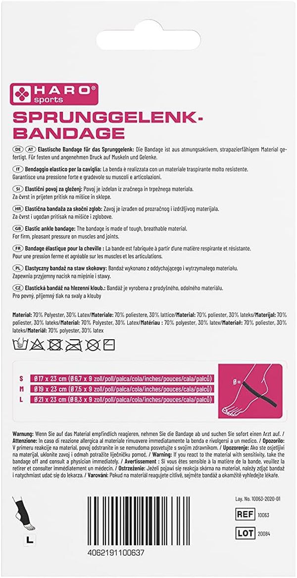 Retro della confezione Haro Sprunggelenkbandage. Testo multilingue, informazioni sulle taglie, composizione e logo.