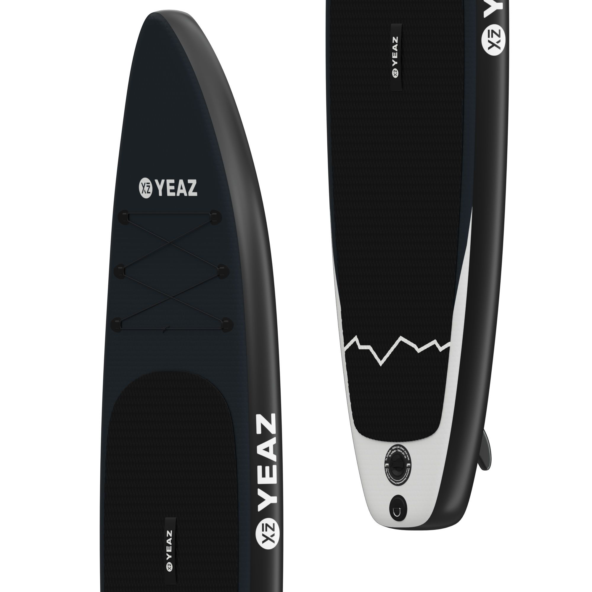 Tavola da paddle nera con lacci e logo YEAZ.