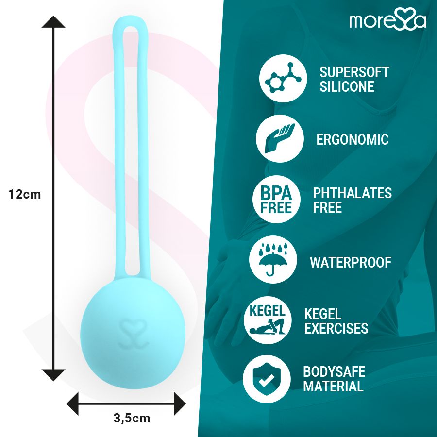 Palla di Kegel turchese con anello. Dimensioni: 12 cm di altezza, 3,5 cm di larghezza. Testo: SUPERSOFT SILICONE, ERGONOMIC, BPA FREE, WATERPROOF, BODYSFE MATERIAL. Marchio: more❤sa.