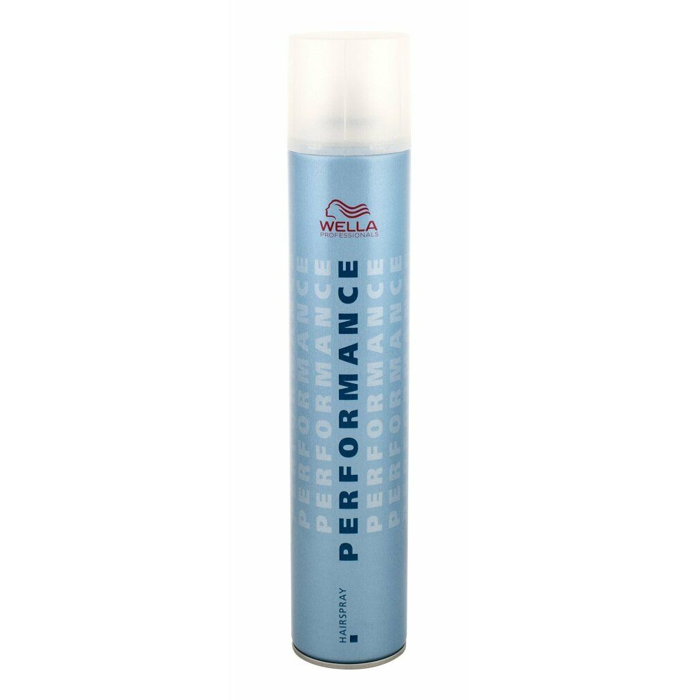 Bomboletta spray per capelli blu con tappo bianco. Scritta: PERFORMANCE, HAISPRAY, logo Wella.
