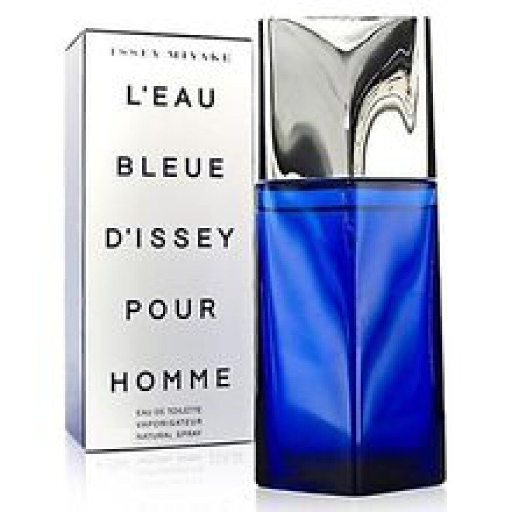Flacone blu accanto a scatola bianca. Sulla scatola: 'L'EAU BLEUE D'ISSEY POUR HOMME'.