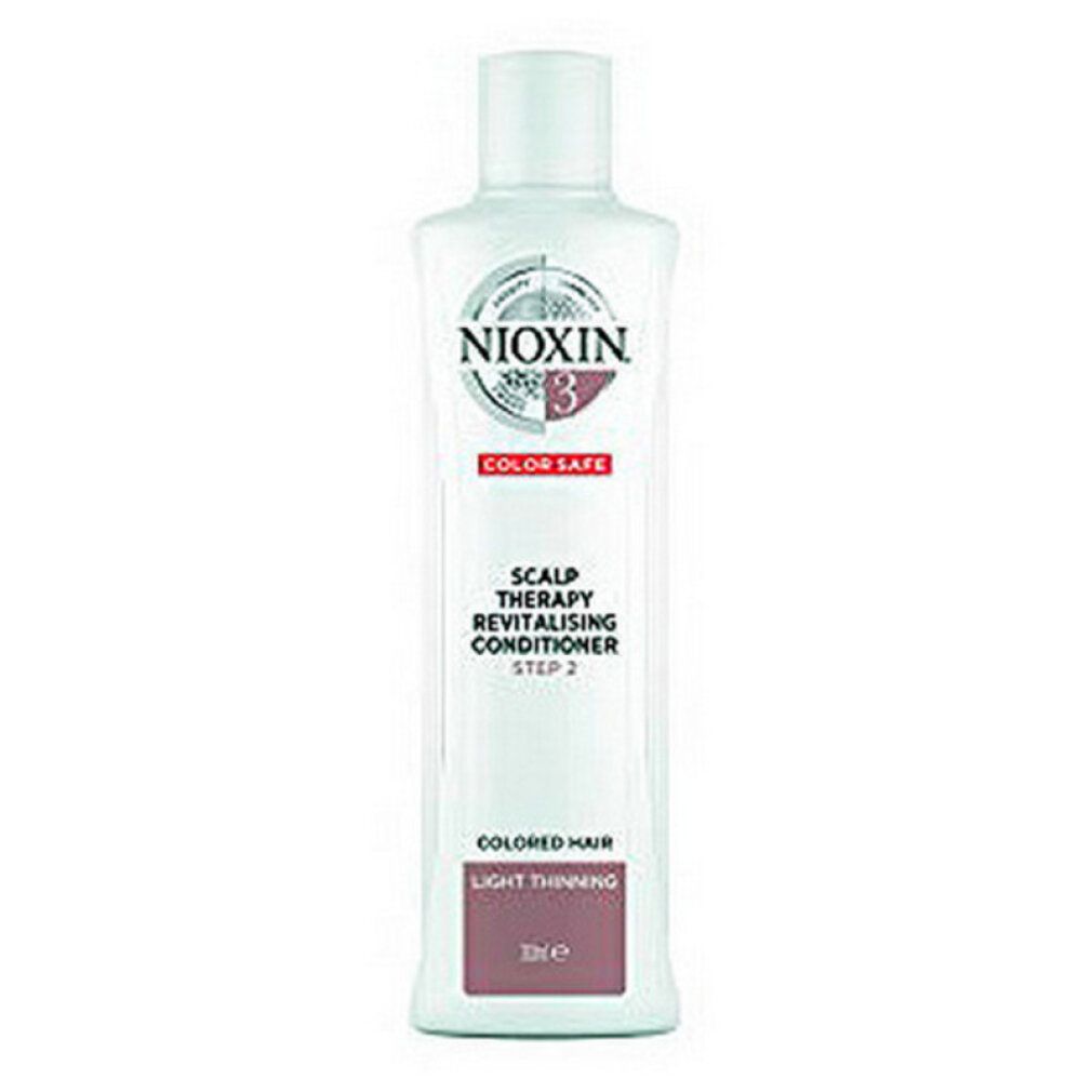 Flacone bianco con logo Nioxin e testo. 'Scalp Therapy Revitalising Conditioner' e 'Color Safe' sono visibili. '300 ml' anche.
