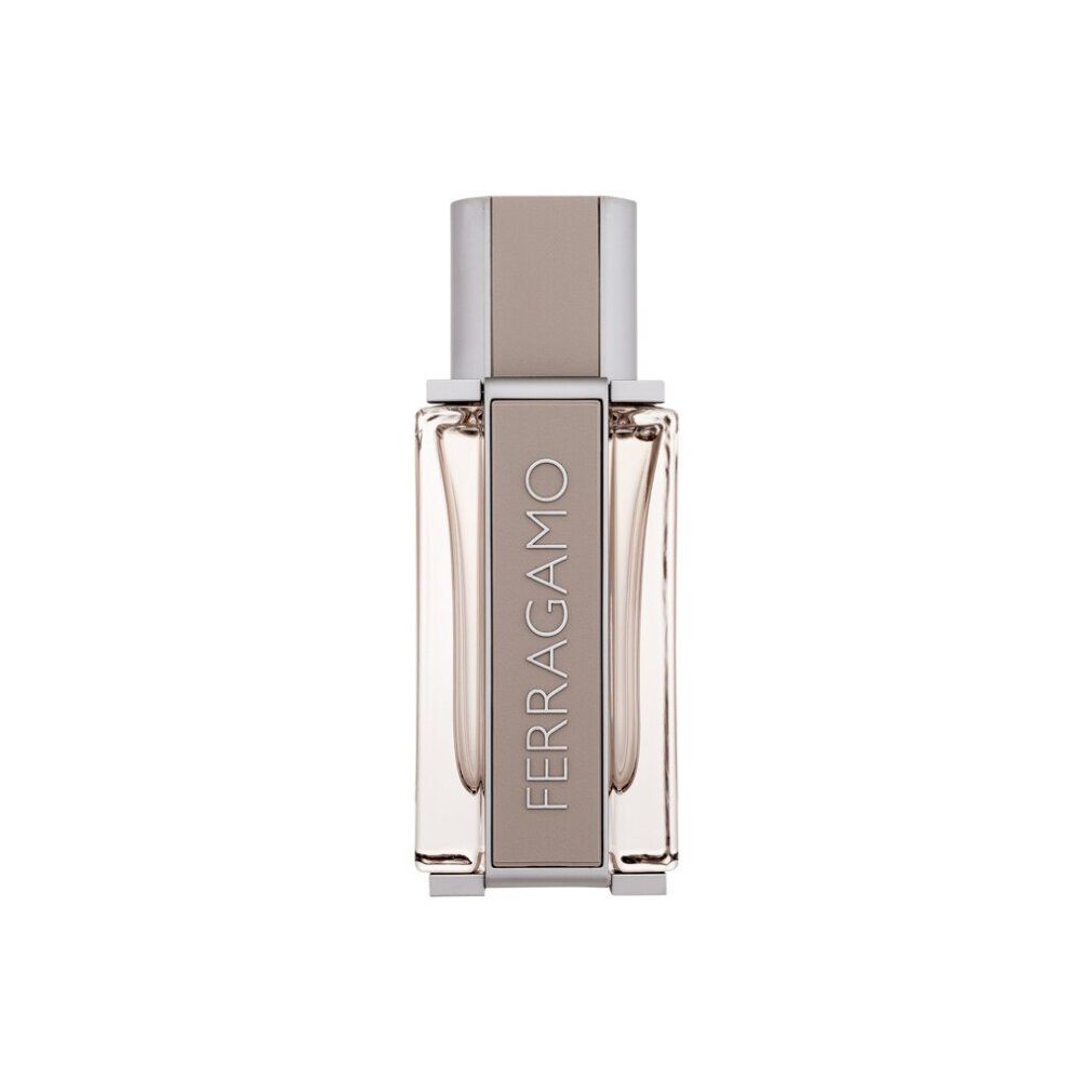 Flacone di Eau de Toilette da uomo. Forma rettangolare, dettagli beige-argento. Scritta FERRAGAMO.