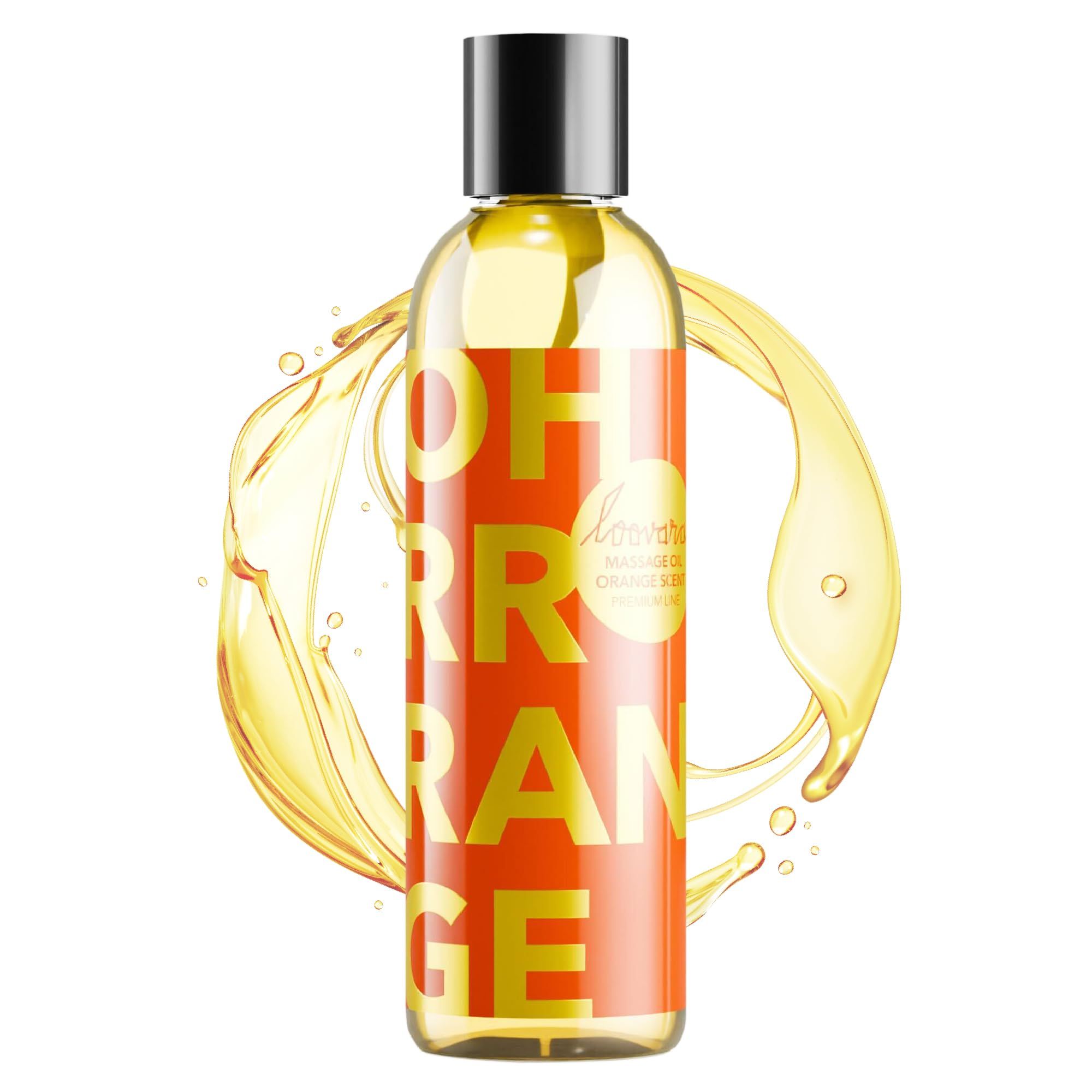 Flacone di olio da massaggio Loovara Oh Rrrange con uno schizzo d'olio intorno.