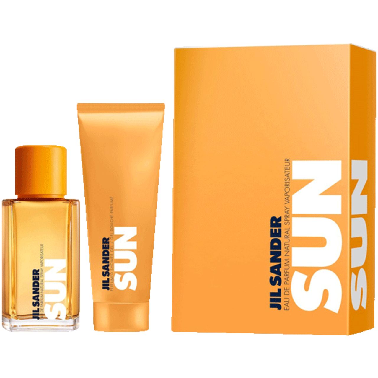 Set regalo con flacone, tubo e scatola. Confezione arancione con scritta bianca SUN. Jil Sander Sun.