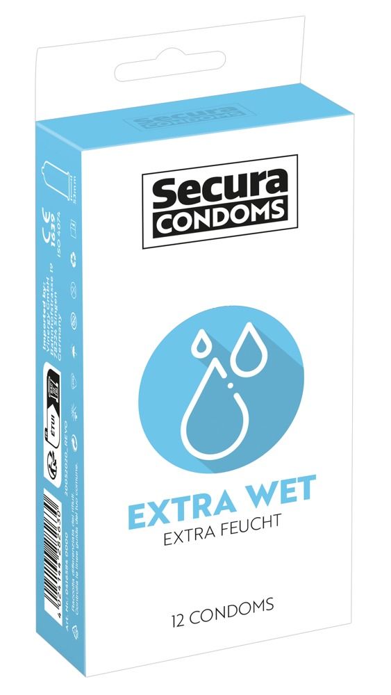 Confezione di preservativi Secura, 12 pezzi. Con simbolo a goccia, marchio CE e simbolo ISO.