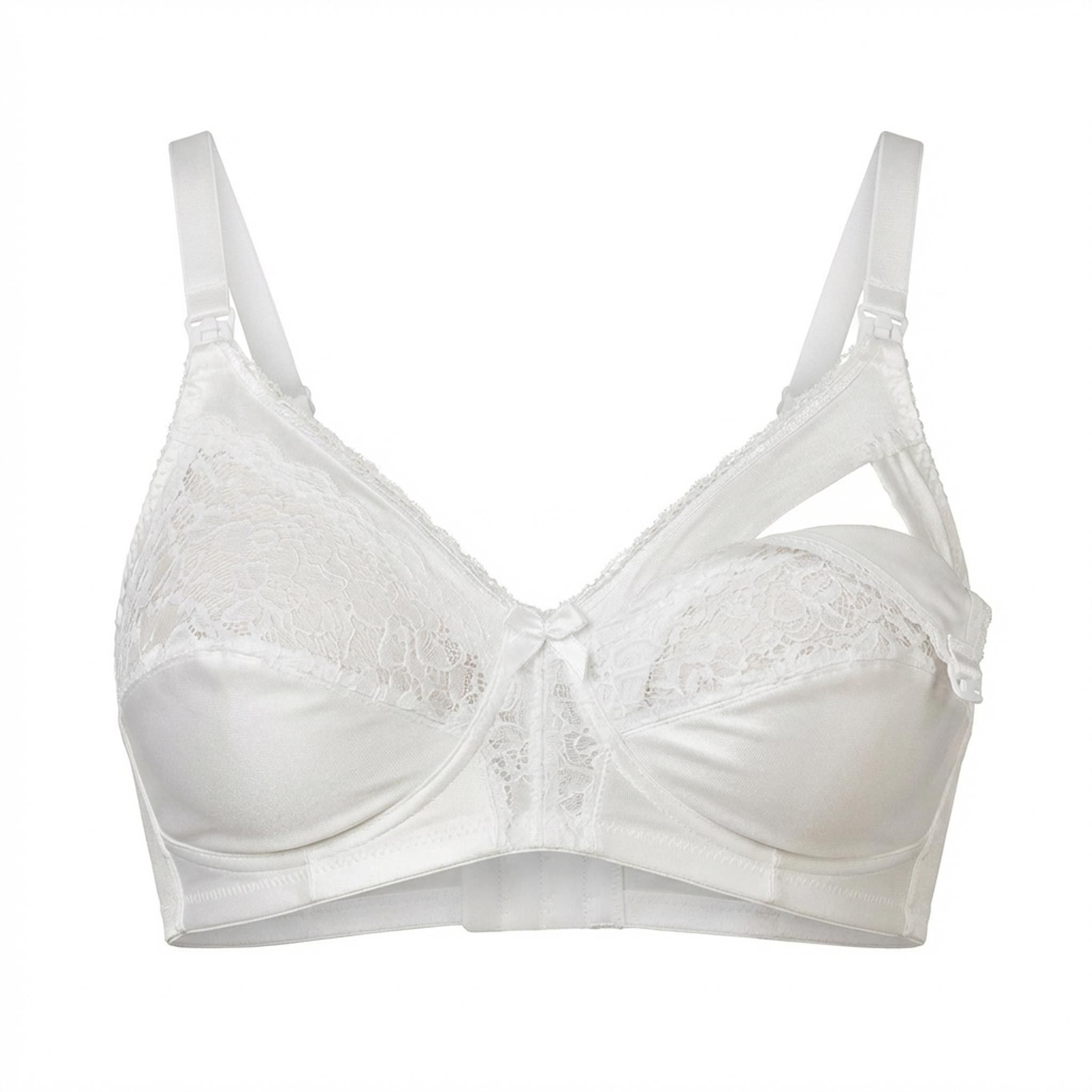 Reggiseno allattamento bianco con pizzo. Spalline regolabili, pizzo sulle coppe. Vista frontale.