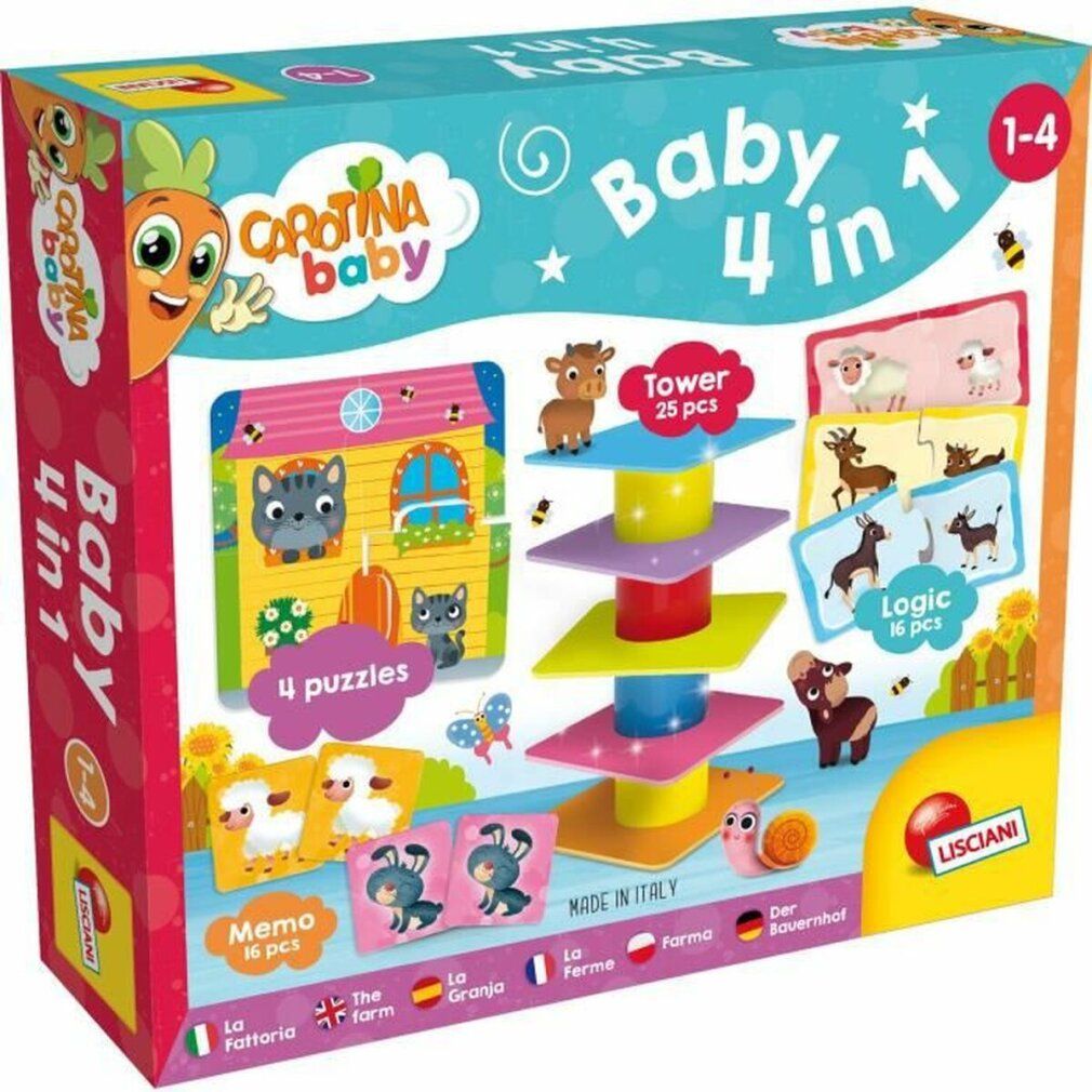 Confezione Carotina Baby 4 in 1. Include puzzle, torre, gioco memo. Illustrazioni animali e casa. Per bambini 1-4 anni.