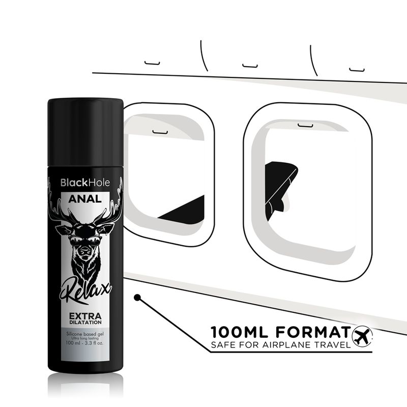 Flacone nero con scritta: Black Hole ANAL Relax EXTRA DILATATION. Formato 100ml. Simbolo aereo.