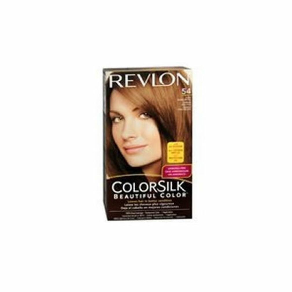 Revlon Colorsilk 54 Light Golden Brown. Scatola con donna con capelli castano chiaro. Marchio e nome del prodotto visibili.