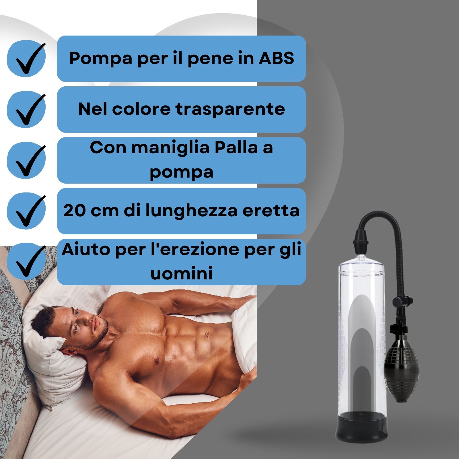 Prodotto con testo: Pompa per il pene in ABS, nel colore trasparente, con maniglia Palla a pompa, 20 cm di lunghezza eretta.