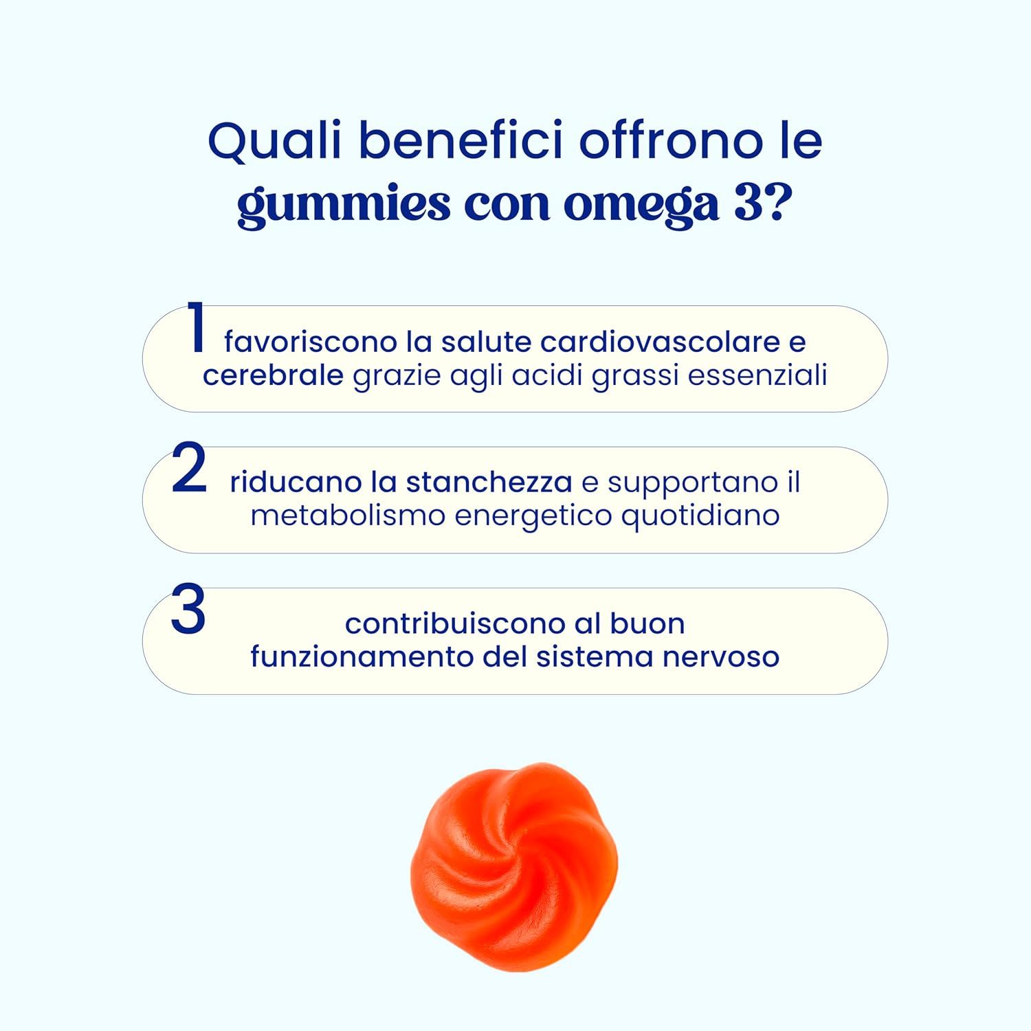 Infografica dei vantaggi degli Omega 3 Gummies. Testo: Favoriscono la salute cardiovascolare, riducono la fatica, supportano il sistema nervoso.