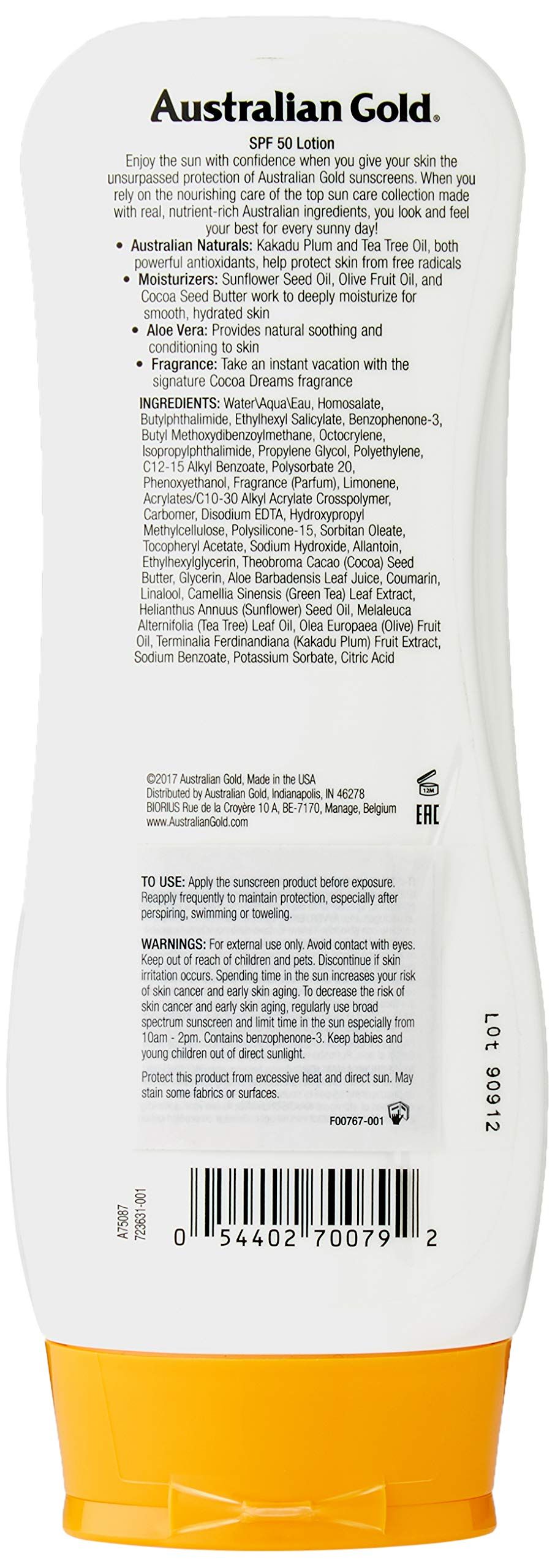 Retro di un flacone di crema solare bianco. Contiene informazioni sugli ingredienti, l'uso, le avvertenze e i dettagli del produttore. SPF 50.