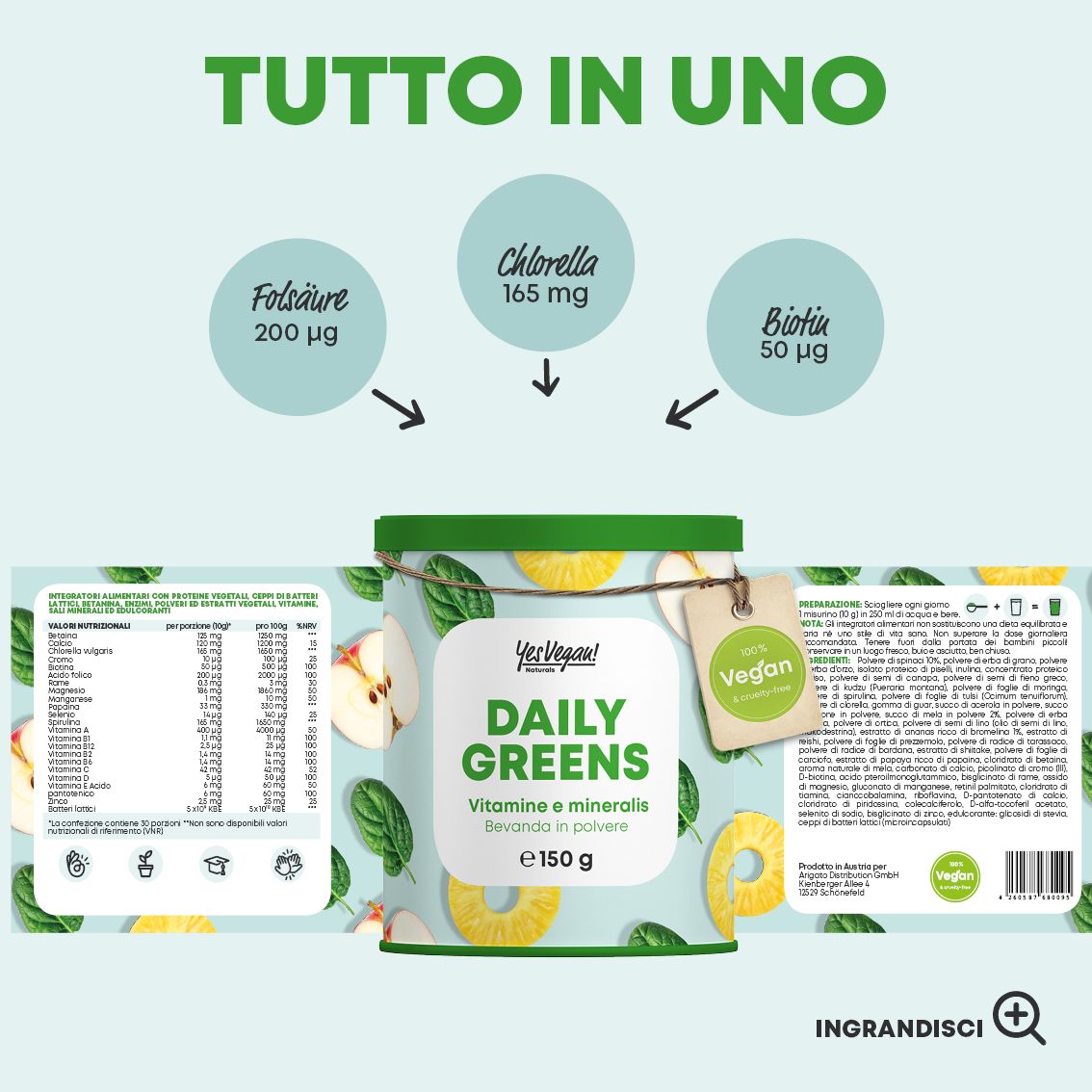 Schema degli ingredienti della polvere Daily Greens Superfood: Superfood verdi, Proteine vegetali, Amari, Funghi, Alghe, Multivitaminici.