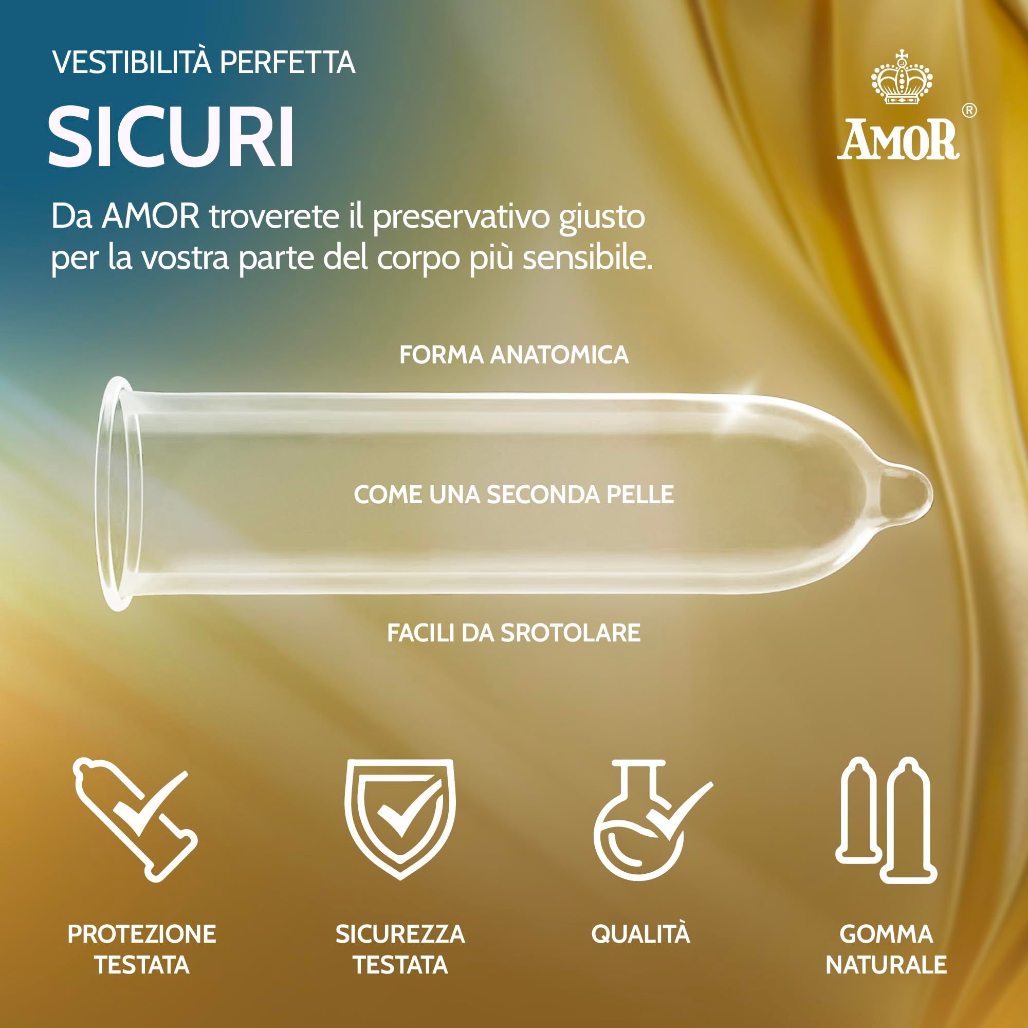 Preservativo Amor: forma anatomica, naturale, facile da srotolare, sicurezza e qualità testate.
